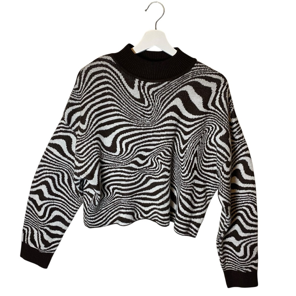 H&M Divided Cropped Swirl-Pattern Pullover Turtleneck Brown Sweater L